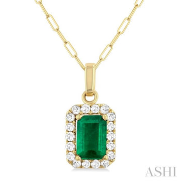 6x4 MM Octagonal Shape Emerald and 1/6 Ctw Round Cut Diamond Halo Precious Pendant with Chain in 14K Yellow Gold